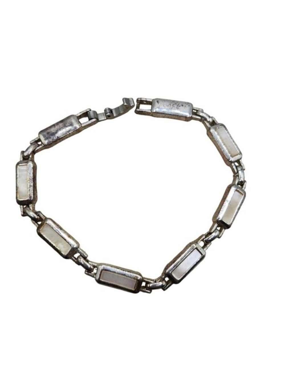 Silver Tone Bracelet With Mother Of Pearl Inlay Rectangular Links